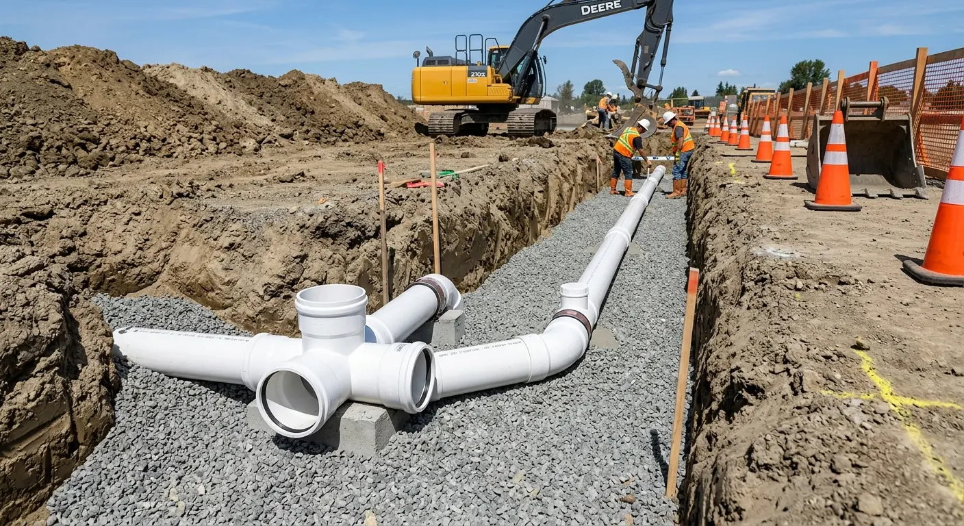 New PVC sewer pipe installation in open trench for Sewer Backup in Sandy