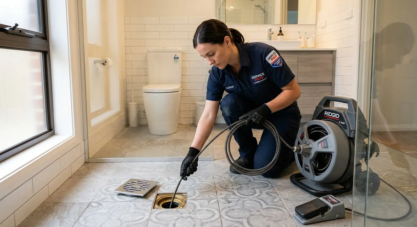 Technician clearing a bathroom floor drain for Clogged Drain Repair in Sandy